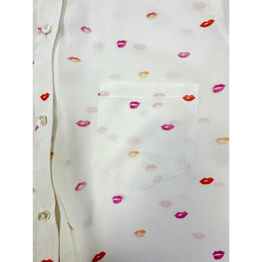 Rails Kate Silk Blouse Ivory Pink Lips Print Button Front Pocket Shirt M